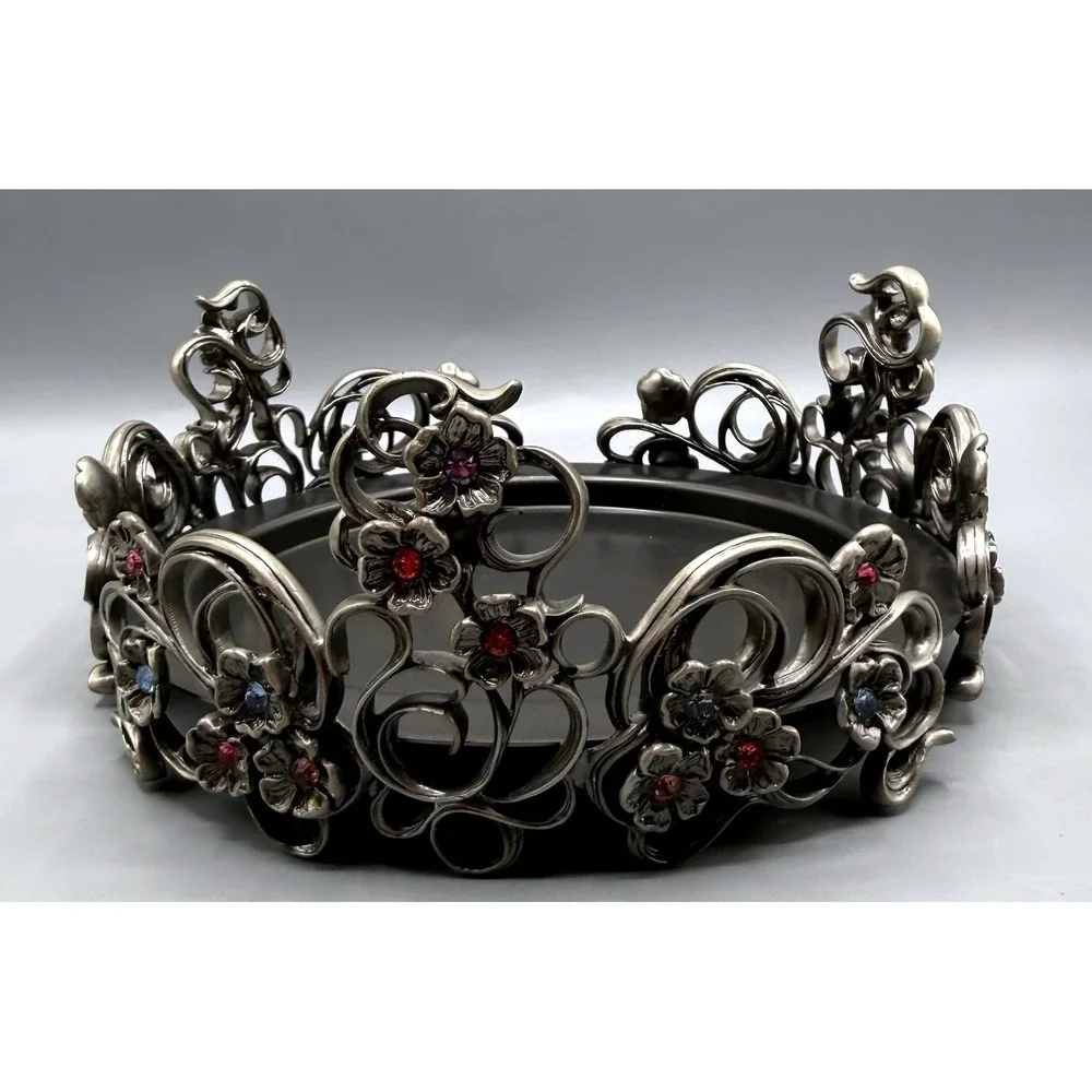 PartyLite Jewels 3 Wick Candle Holder Pewter Metal Ornate Floral Jeweled Crown